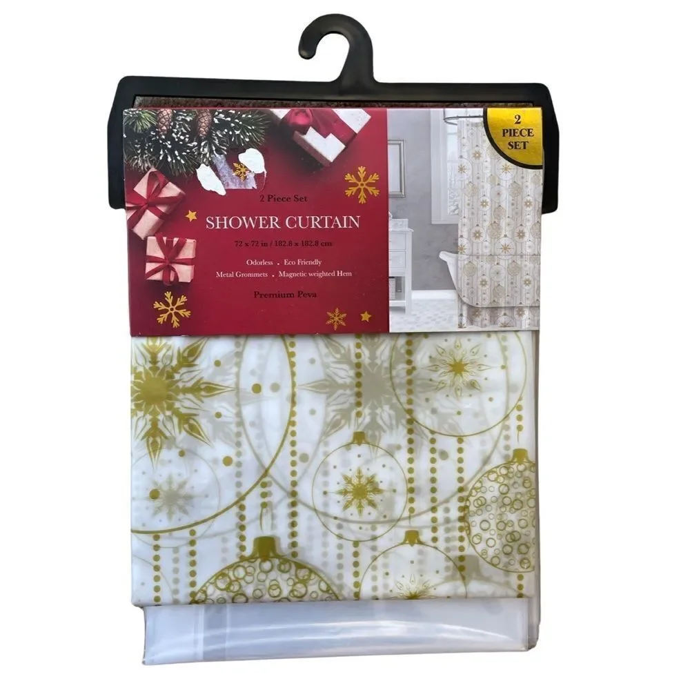 Shower Curtain 2 Piece Set Gold Metallic Holiday Ornaments Vinyl 72x72” NWT